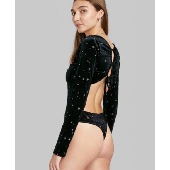 Wild Fable Velvet Stars & Moons Long Sleeve Keyhole Open Back Bodysuit Black S - Picture 2 of 9